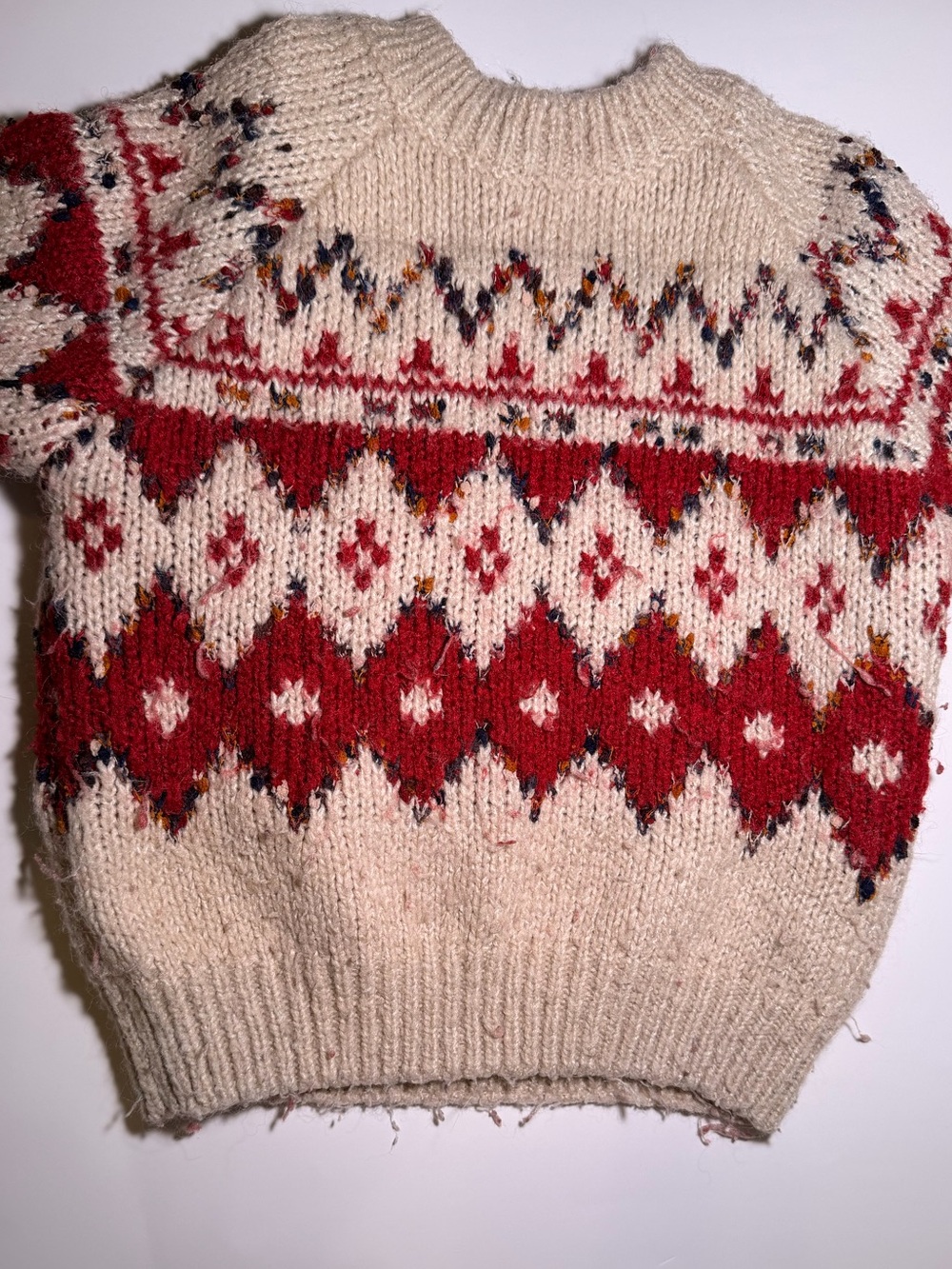Zara Cream Crewneck Sweater with Red Fair Isle Pattern